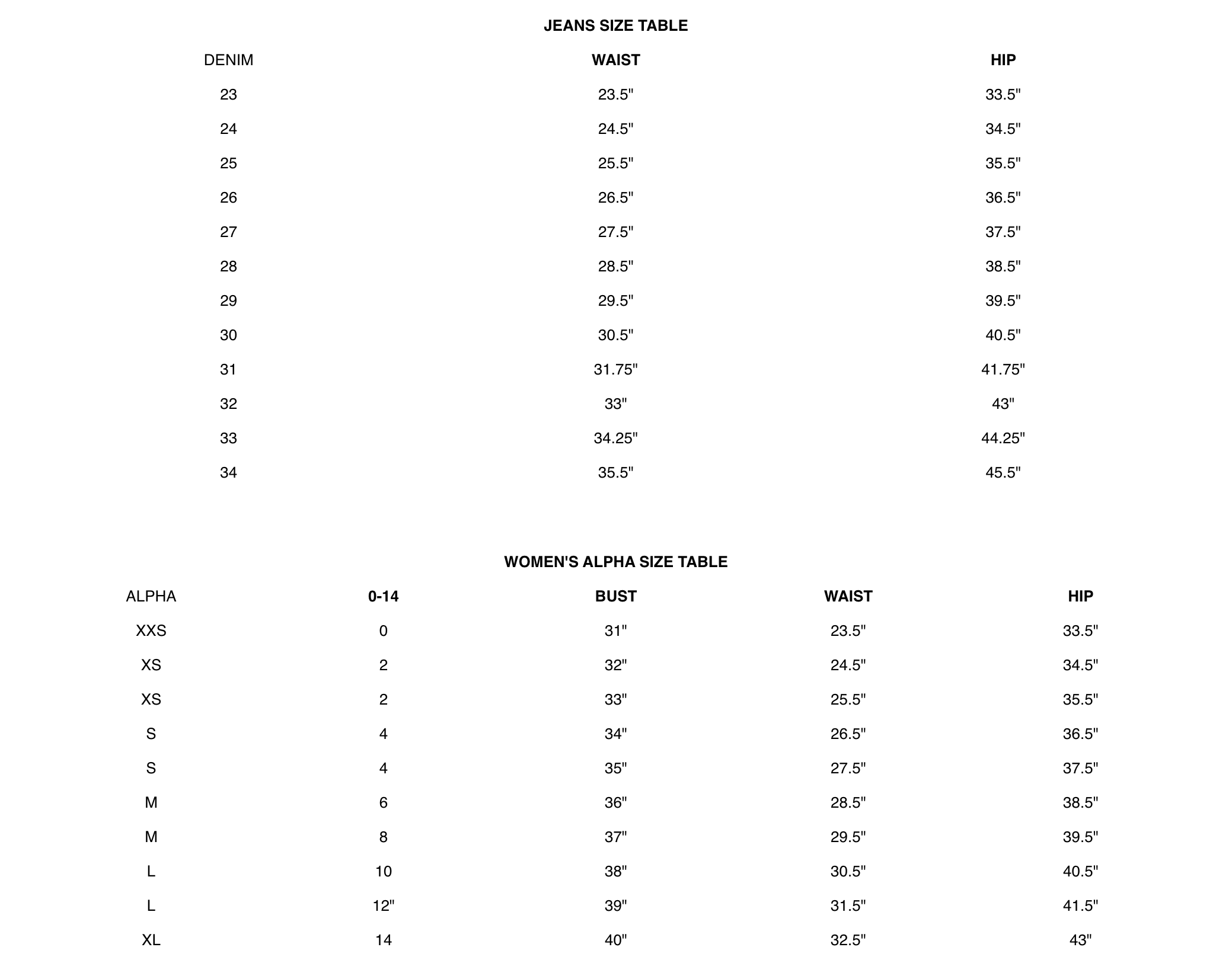 Product size guide