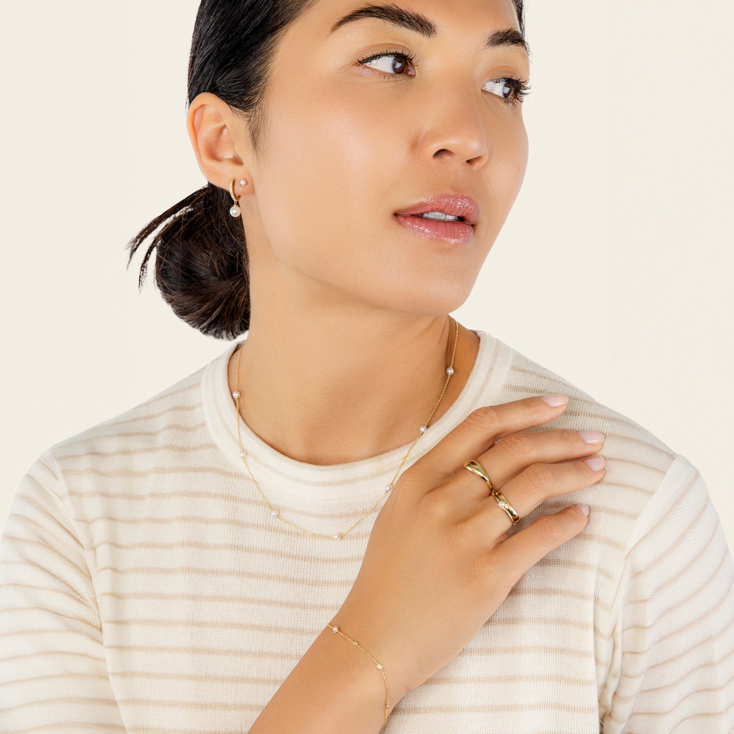 Womens | 14K Solid Yellow Gold | Pearl Slim Stacker Ring | Freshwater Pearls