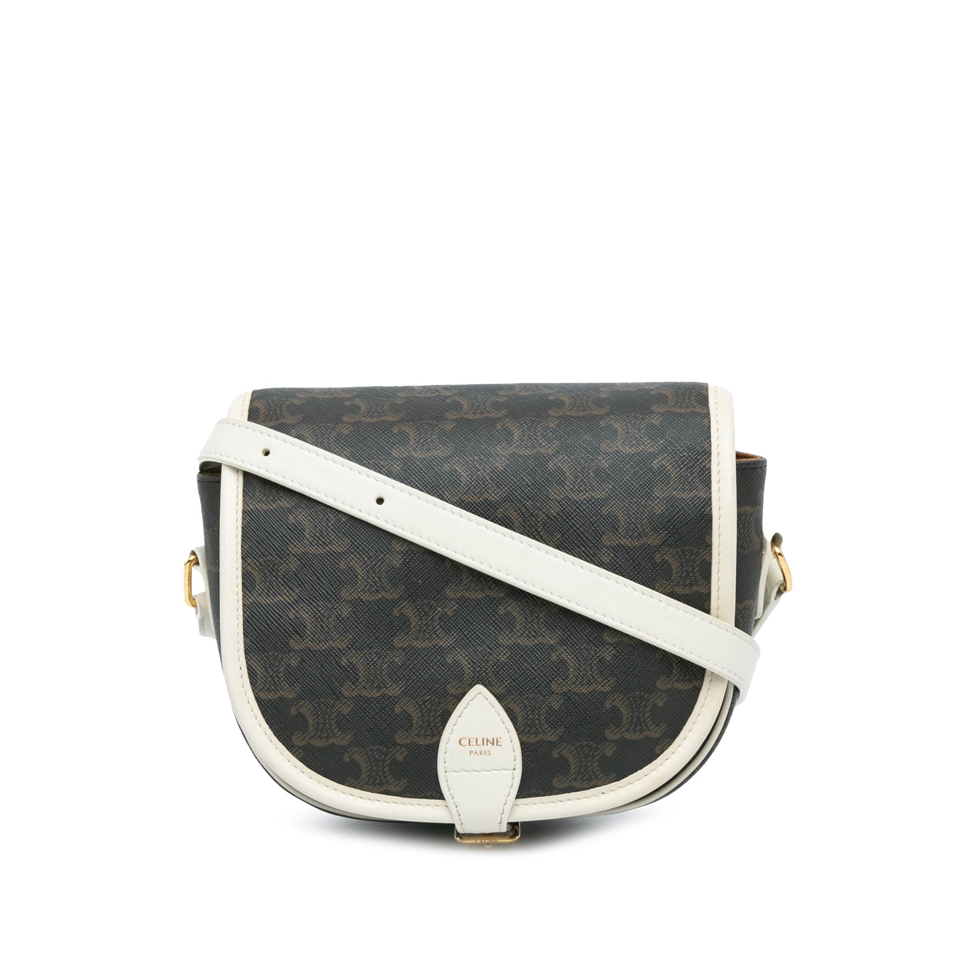 Celine | Pre-Owned Medium Triomphe Coated Canvas Folco Crossbody - II | White/Dark Brown