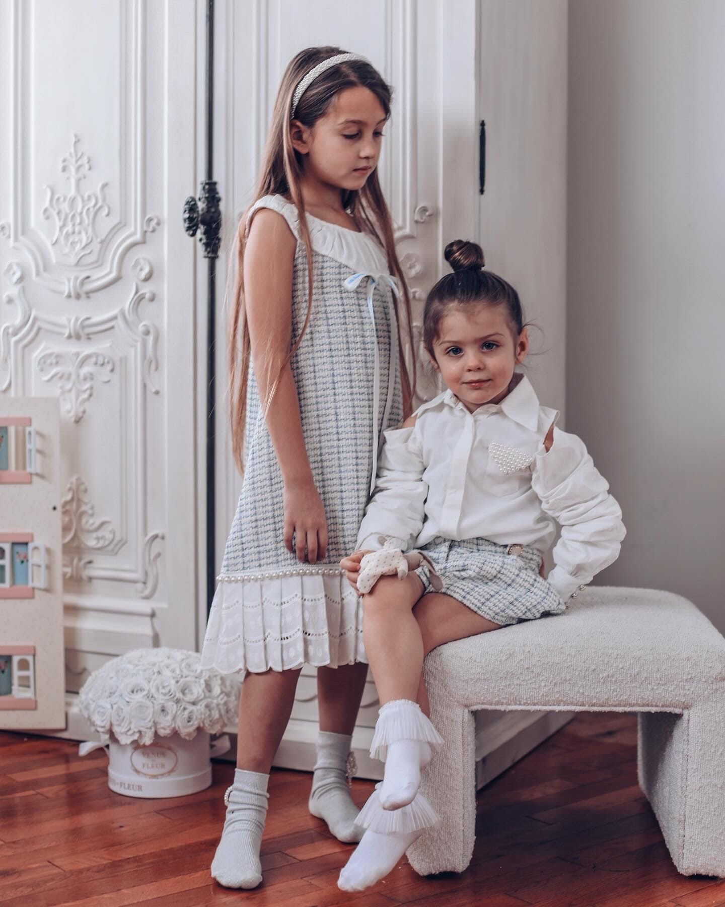 Iris Blouse and Tweed Shorts Set | White/ Blue