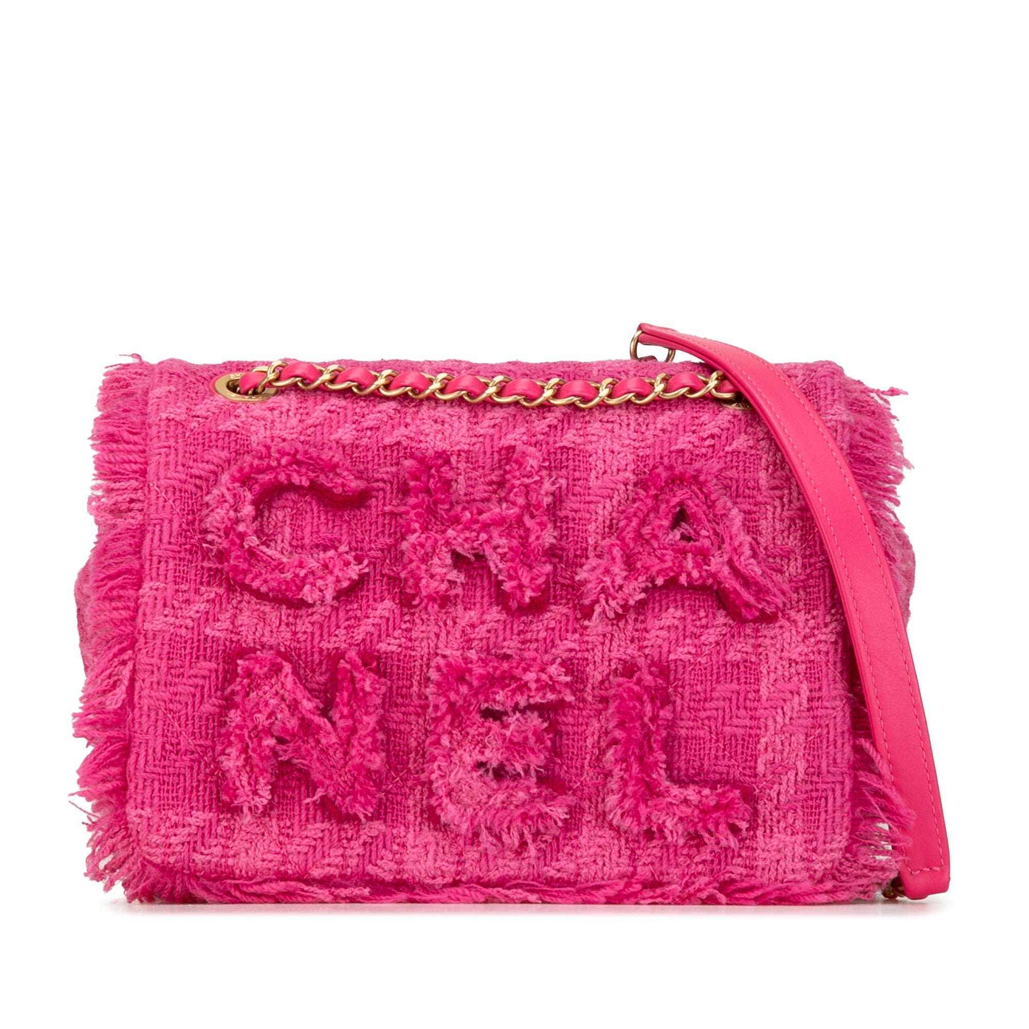 Chanel | Pre-Owned Wool Tweed Giant Logo Flap | Pink/Hot Pink