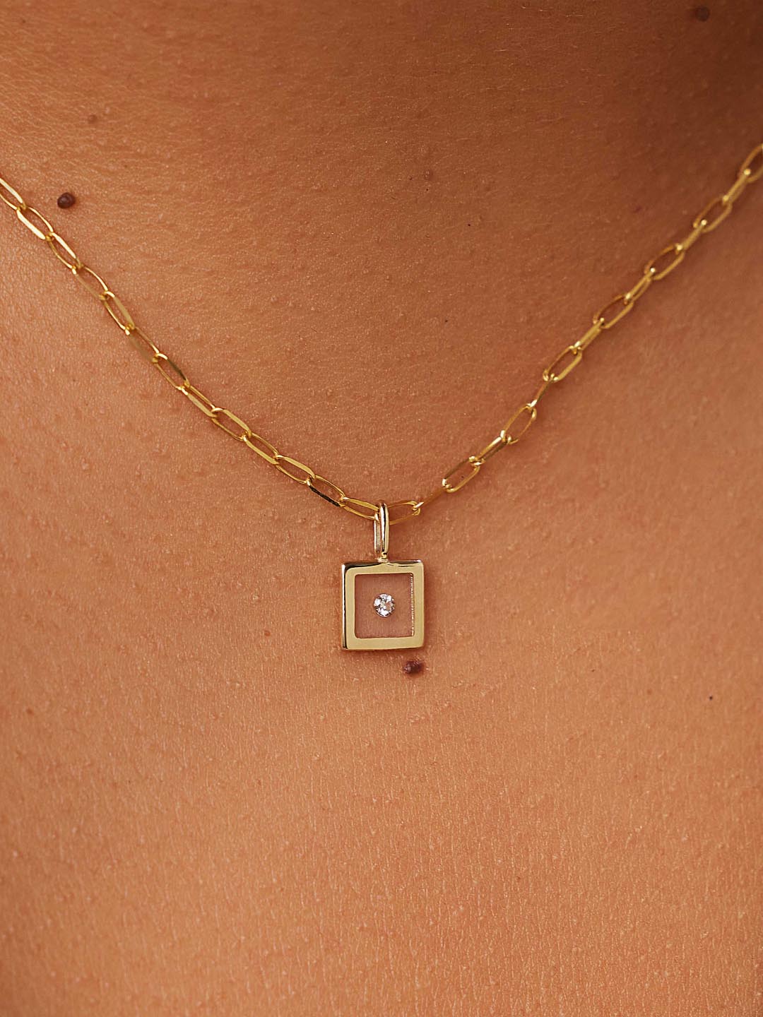 Square Floating Charm Pendant | 10K Solid Gold | 0.02 CTW Diamond/Clear Enamel