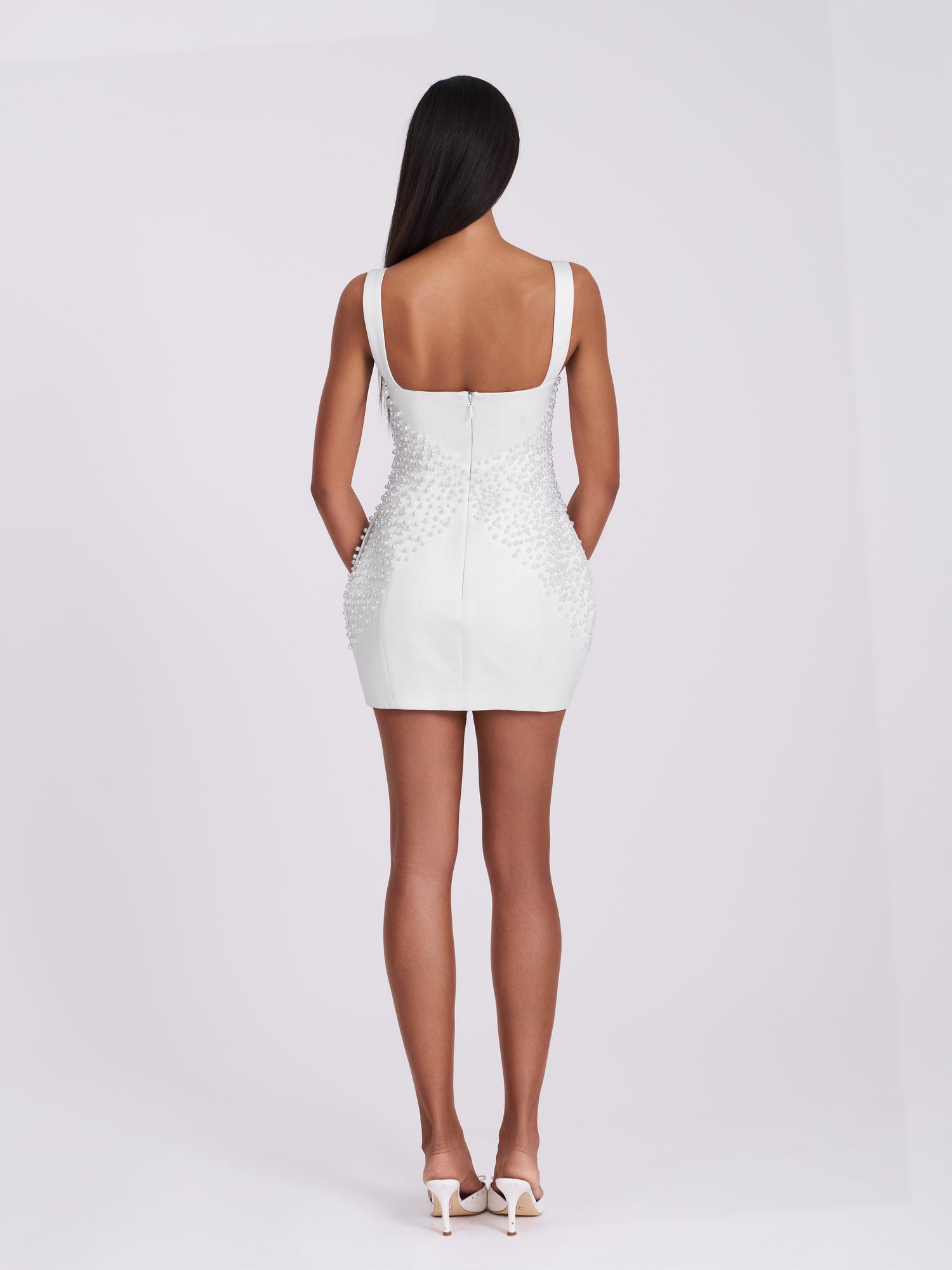 Tais Pearl Beaded Cocoon Shape Sleeveless Mini Dress | White