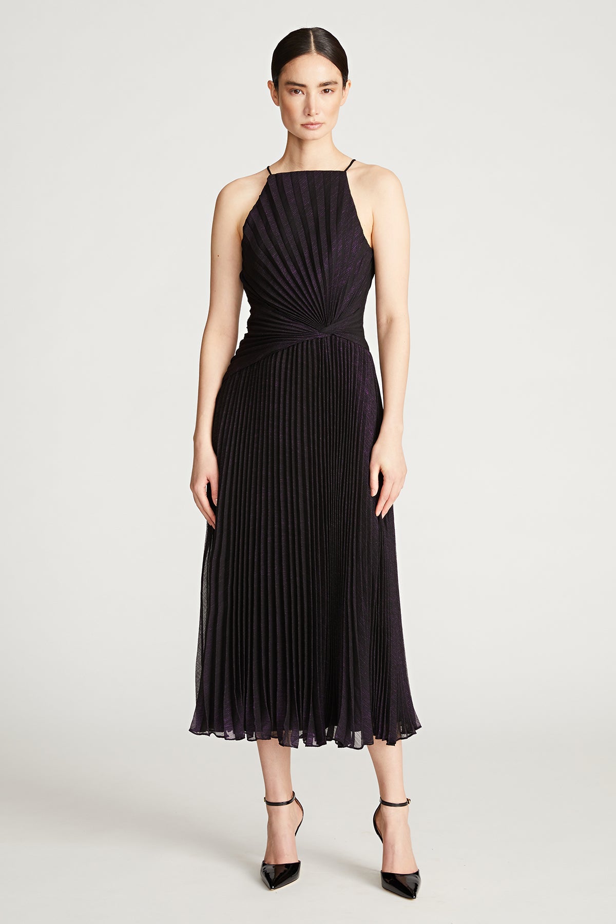 Halston | Serenity Dress In Foil Chiffon | Black/Aubergine