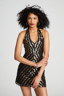 Halston | Nidya Dress In Wavy Sequin | Gold And Silver