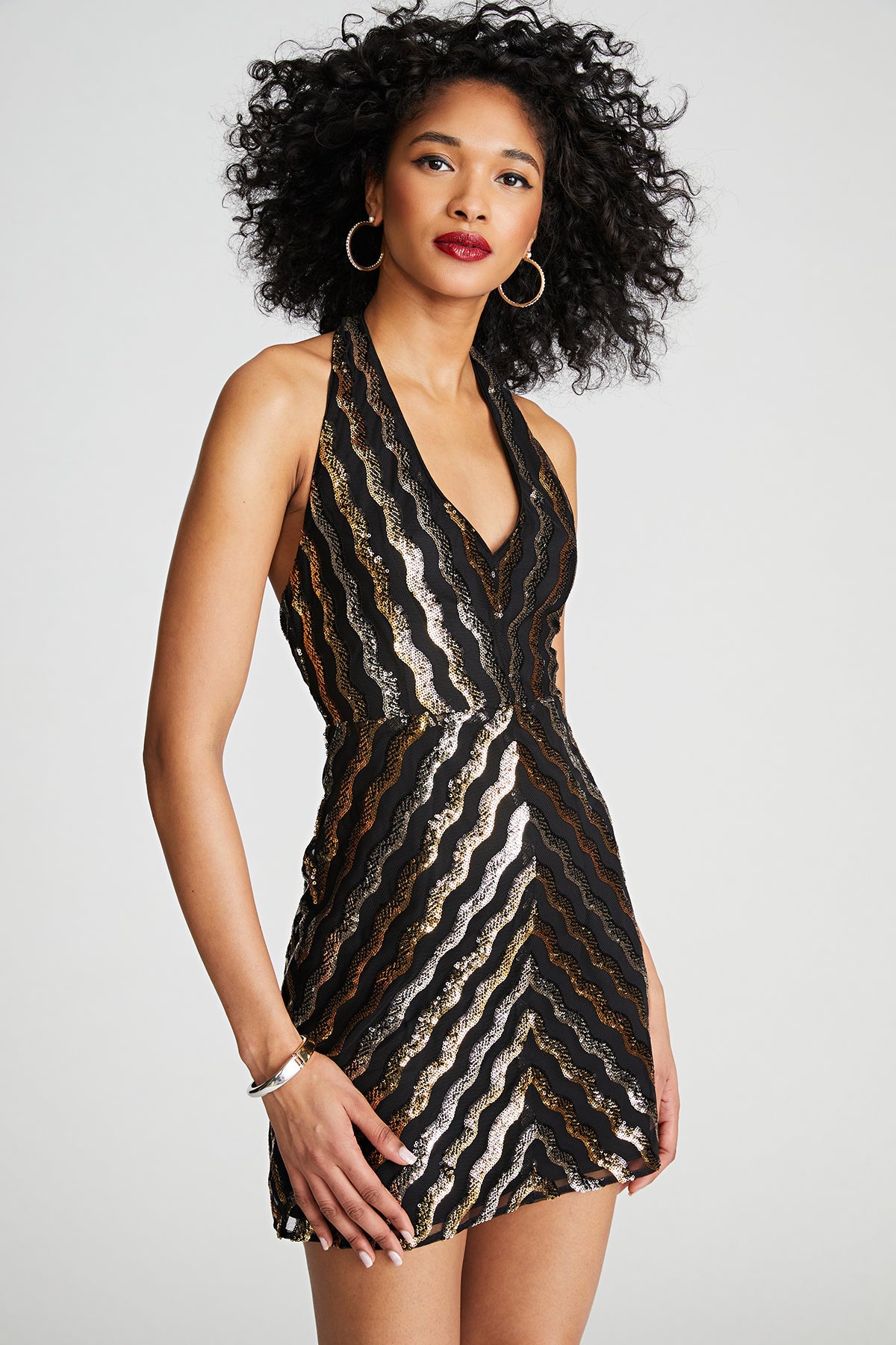 Halston | Nidya Dress In Wavy Sequin | Gold And Silver