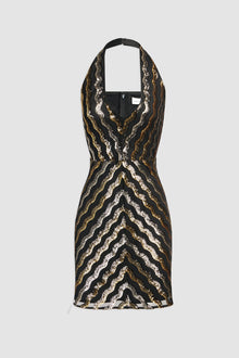 Halston | Nidya Dress In Wavy Sequin | Gold And Silver