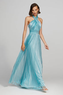 Halston | Leilani Gown In Pleated Lurex | Aqua
