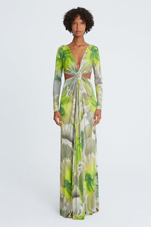 Halston | Jen Jersey V-Neck Draped Gown | Tropical Orchid Print