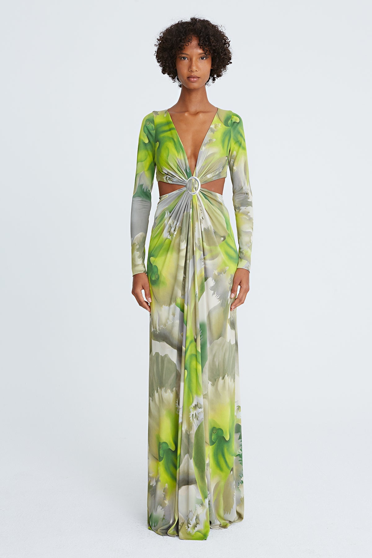 Halston | Jen Jersey V-Neck Draped Gown | Tropical Orchid Print