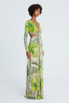 Halston | Jen Jersey V-Neck Draped Gown | Tropical Orchid Print