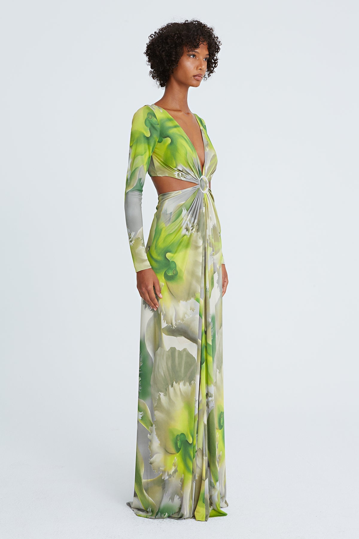 Halston | Jen Jersey V-Neck Draped Gown | Tropical Orchid Print