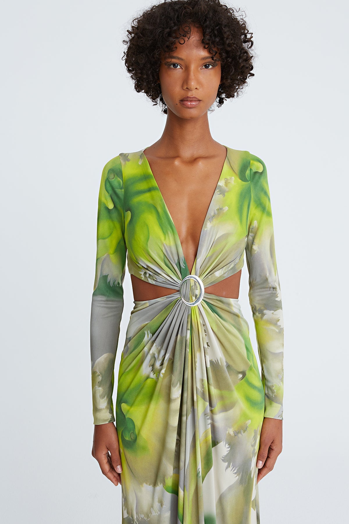 Halston | Jen Jersey V-Neck Draped Gown | Tropical Orchid Print