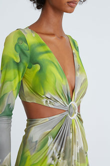 Halston | Jen Jersey V-Neck Draped Gown | Tropical Orchid Print