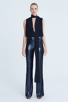 Halston | Carly Chiffon Pleated Bodysuit | Navy