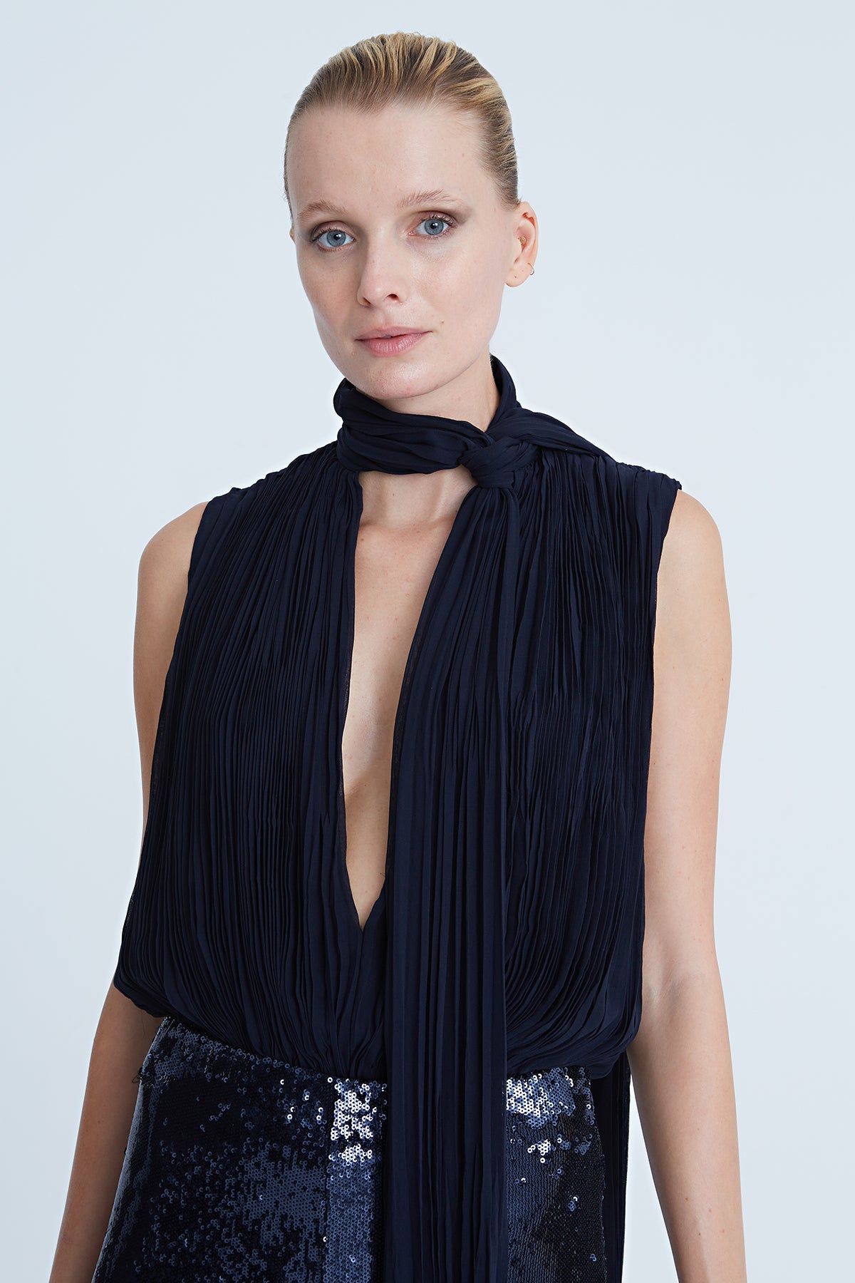 Halston | Carly Chiffon Pleated Bodysuit | Navy