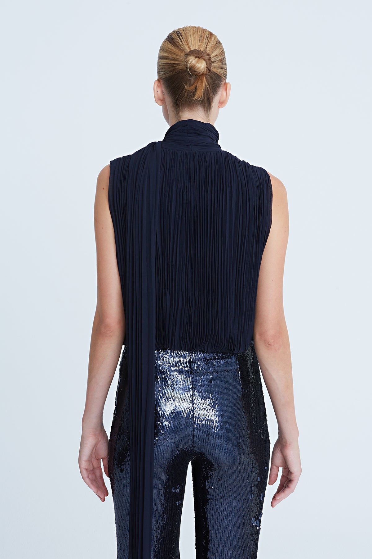 Halston | Carly Chiffon Pleated Bodysuit | Navy