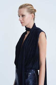Halston | Carly Chiffon Pleated Bodysuit | Navy