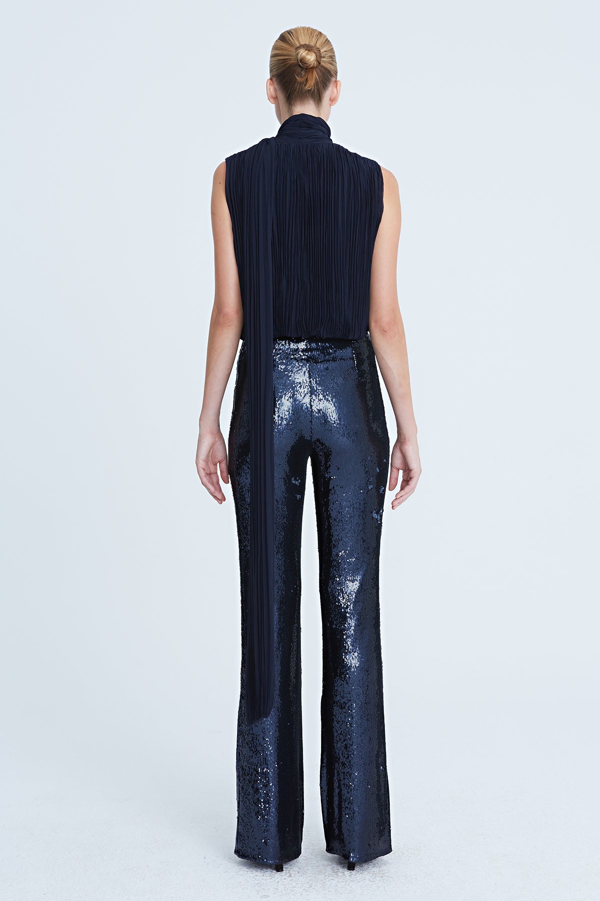 Halston | Carly Chiffon Pleated Bodysuit | Navy