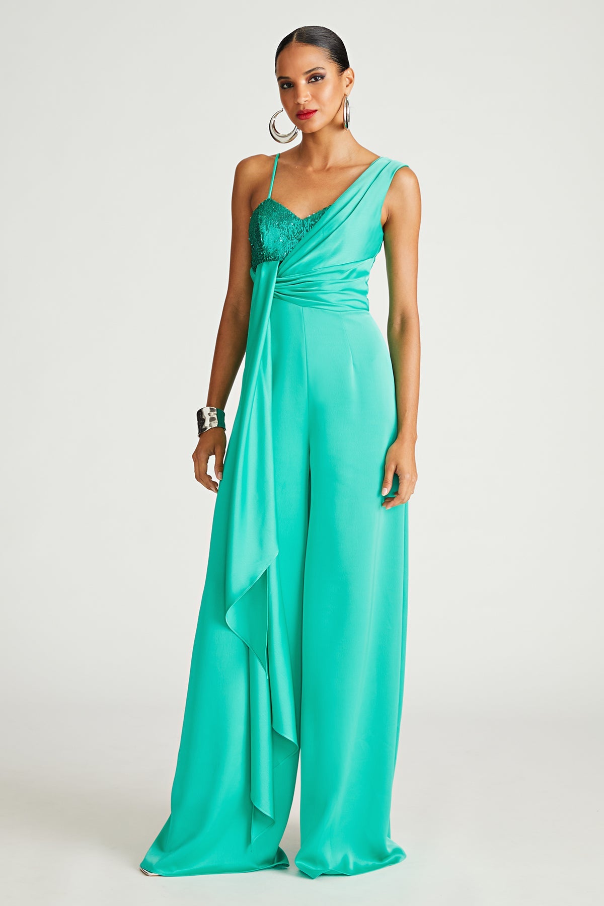 Halston | Khi Jumpsuit In Satin & Sequin | Vivid Green