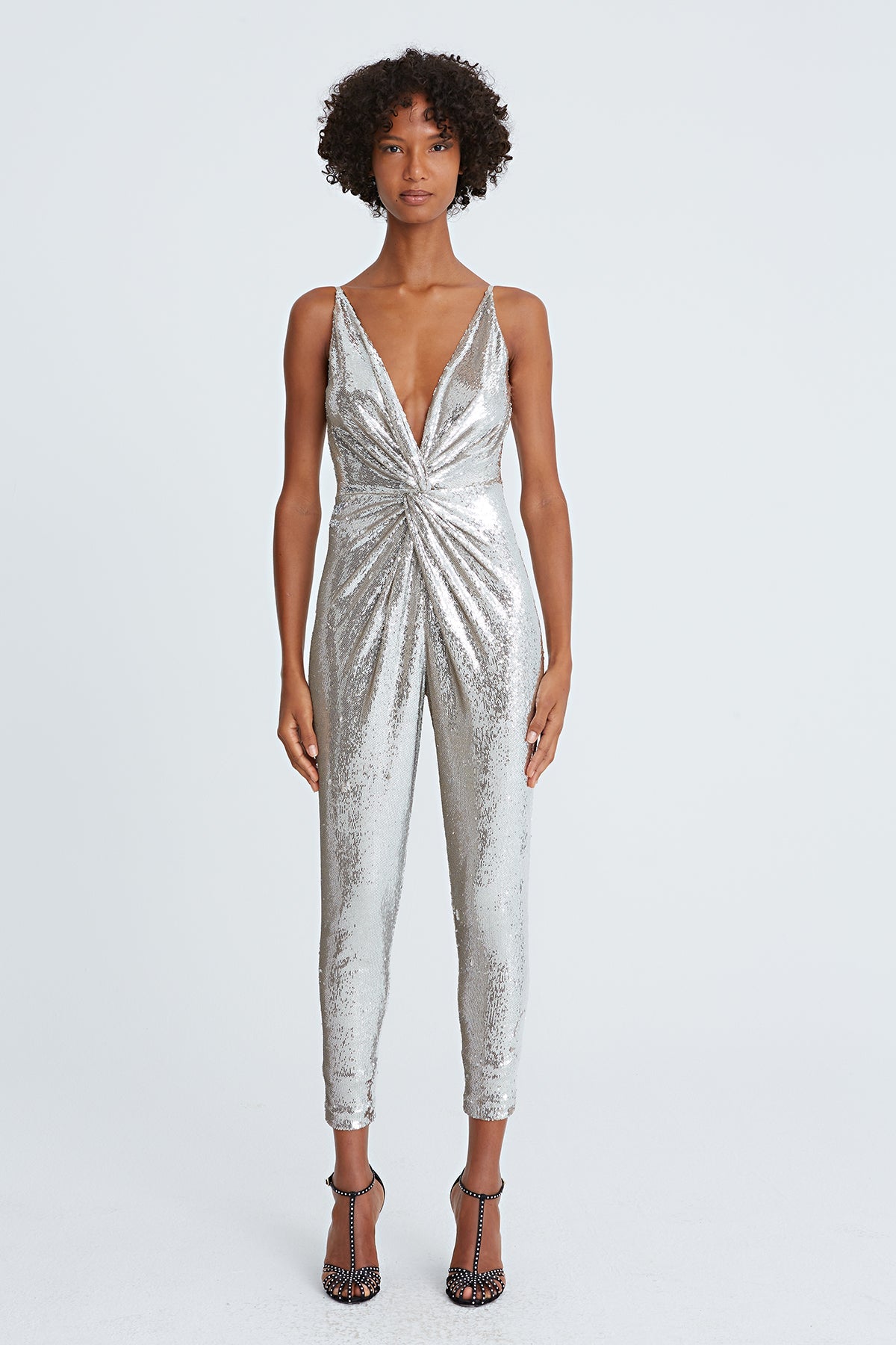 Halston | Mariah Sequin Twist Jumpsuit | Silver