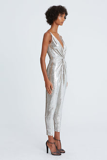 Halston | Mariah Sequin Twist Jumpsuit | Silver
