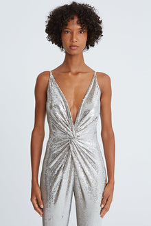 Halston | Mariah Sequin Twist Jumpsuit | Silver