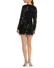 Mac Duggal | Womens | Long Sleeve V-Neck Beaded Fringe Mini Dress | Black