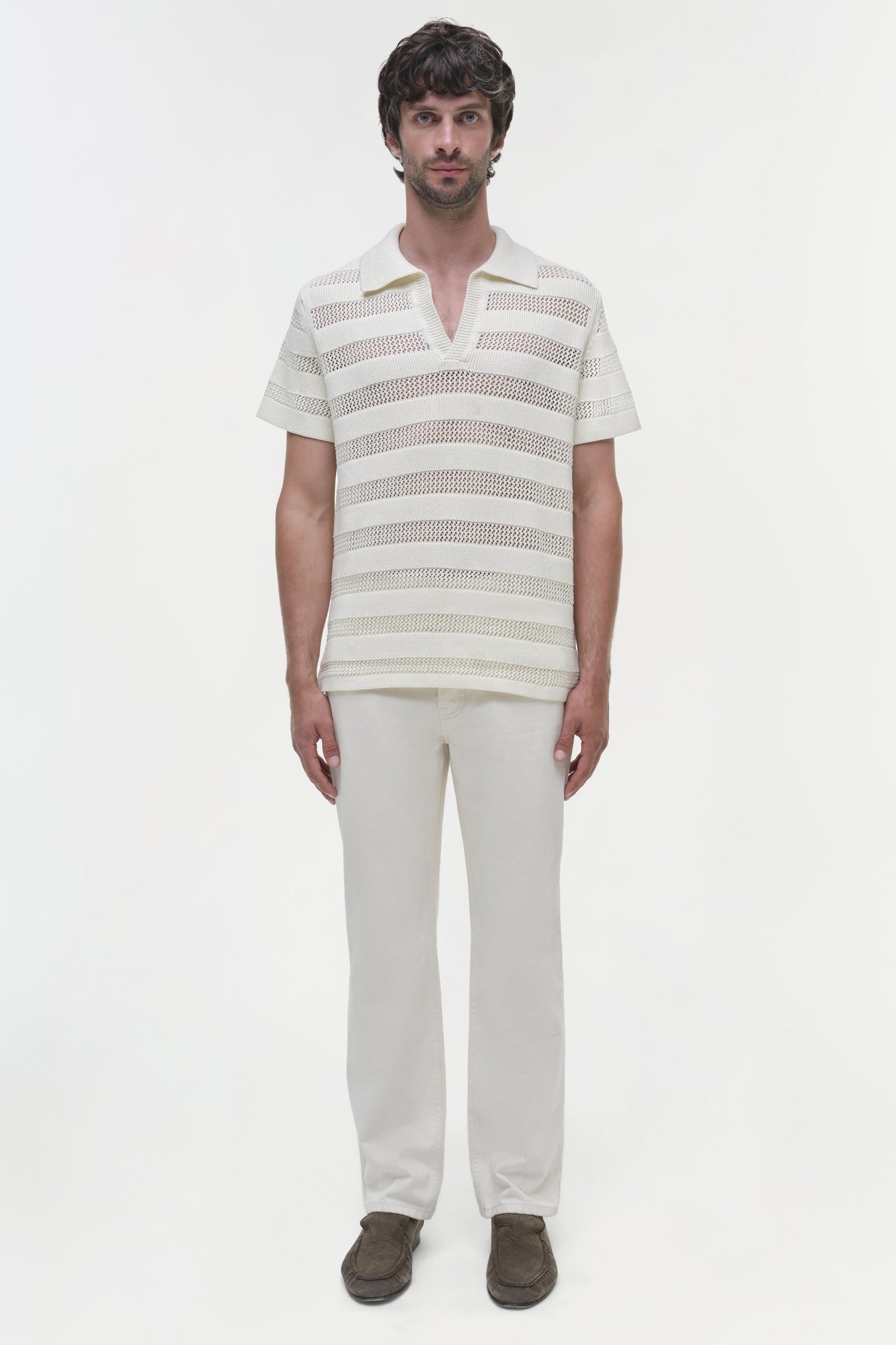 Mens | Calvin Striped Mesh Polo | Ivory
