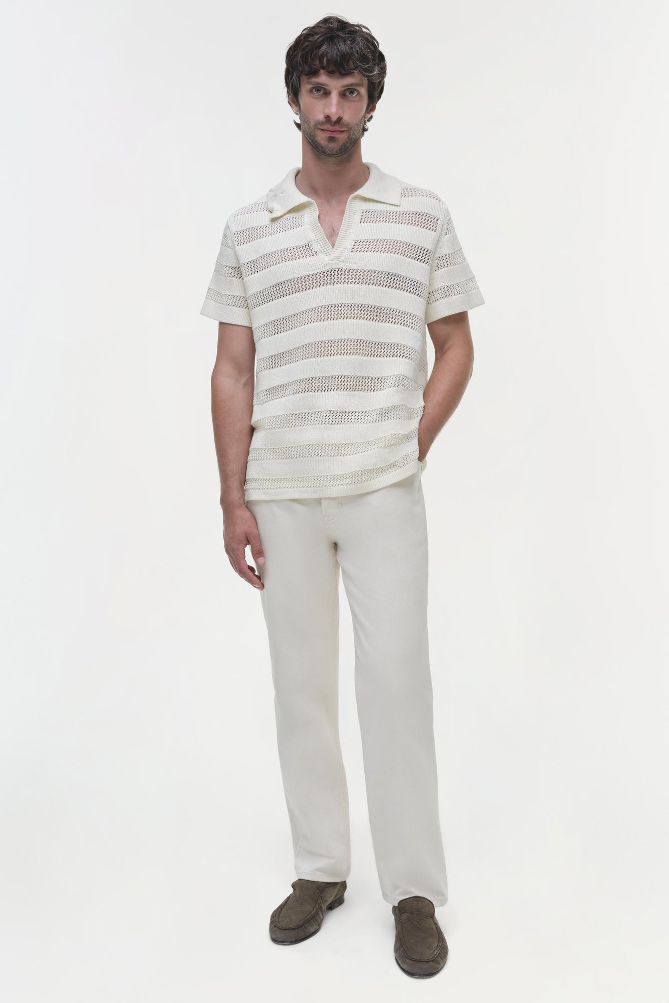 Mens | Calvin Striped Mesh Polo | Ivory