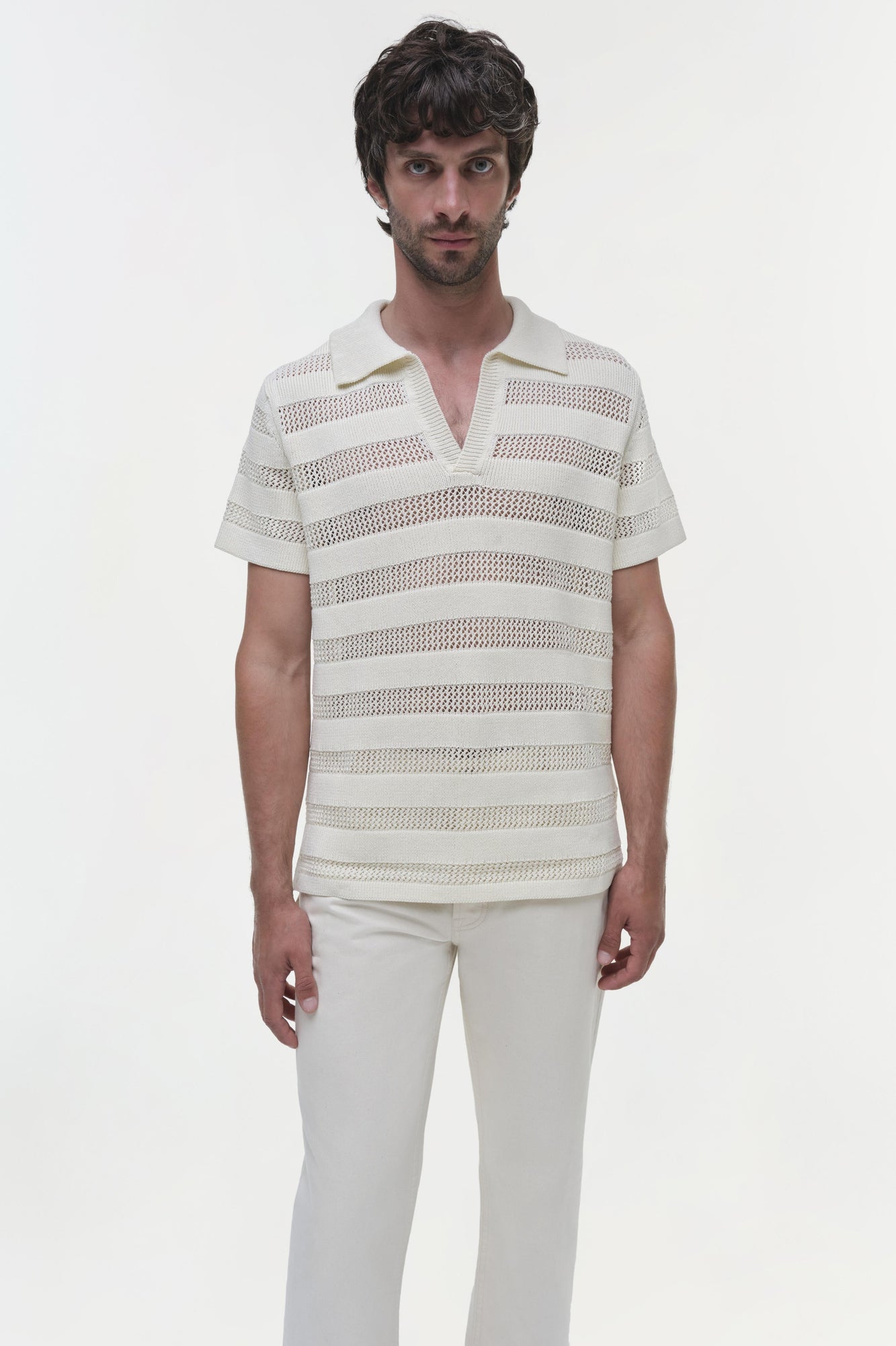 Mens | Calvin Striped Mesh Polo | Ivory