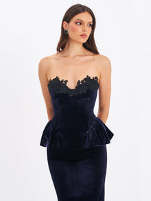 Pascha Lace Applique Strapless Peplum Midi Dress | Black