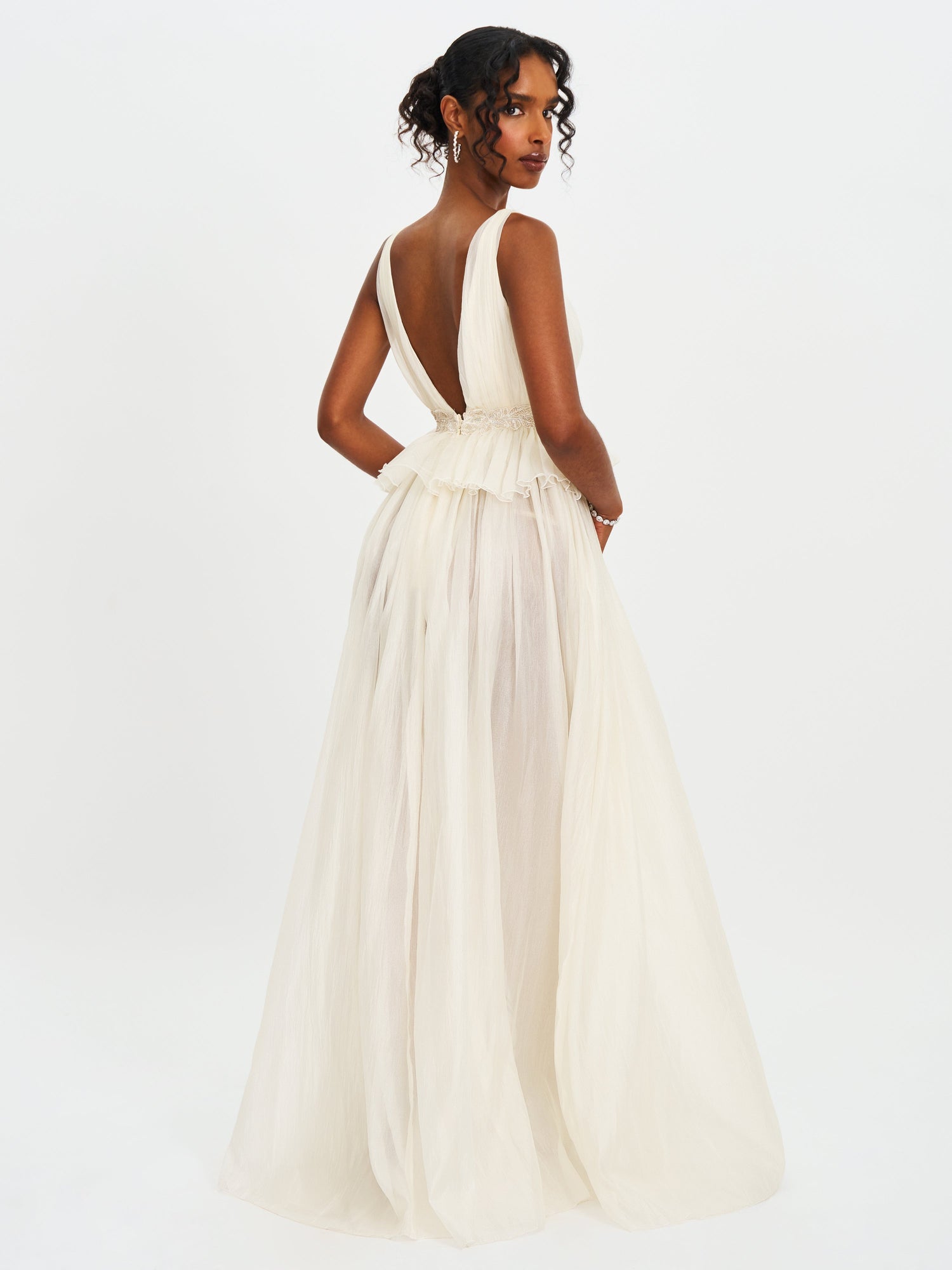 Calleigh Flare Beaded Belt Maxi Gown | Off White