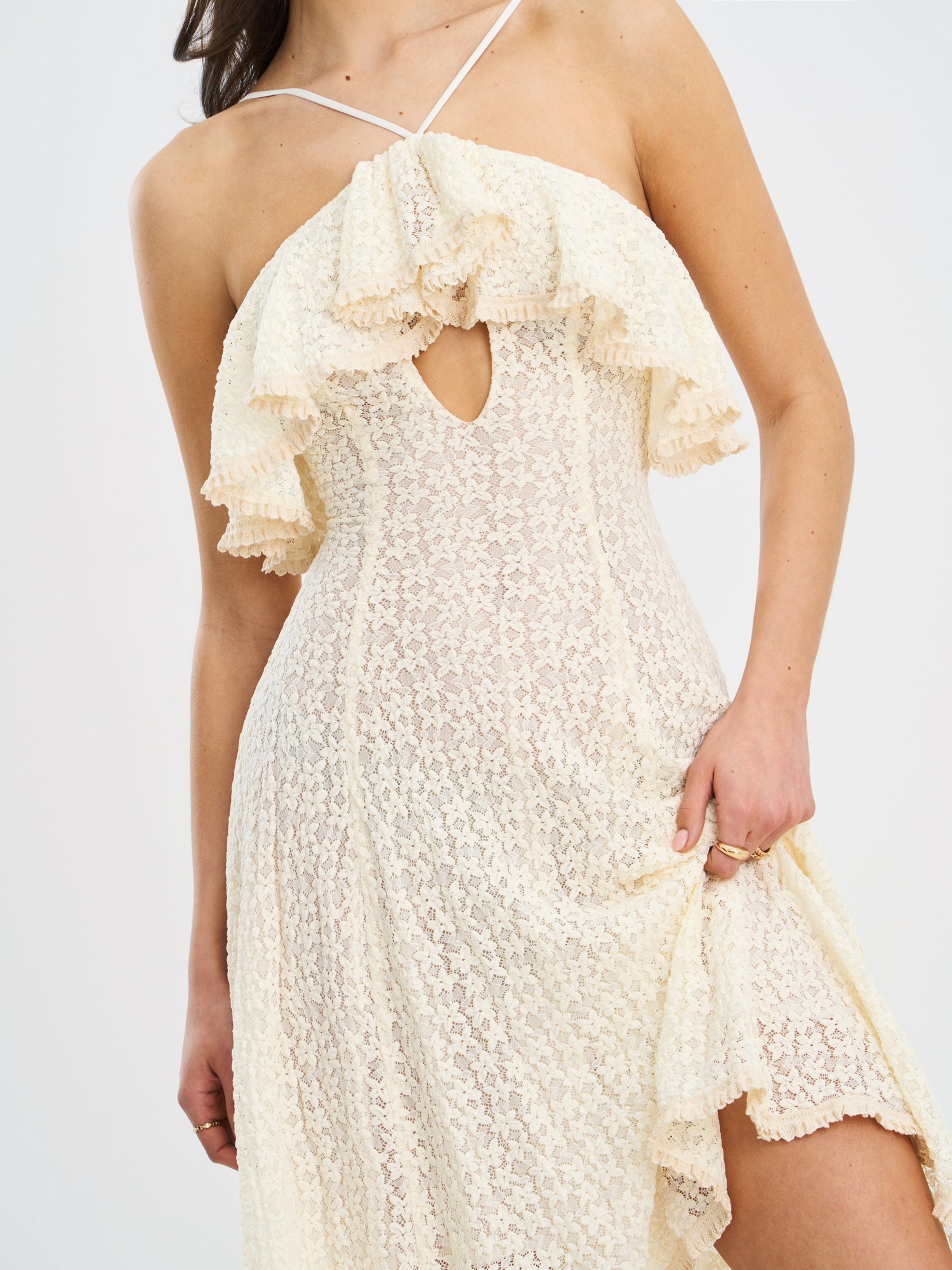 Idra Lace Trim Sleeveless Crochet Midi Trailing Dress | Beige