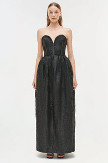 Black jacquard bustier gown with sweetheart neckline and full-length skirt.