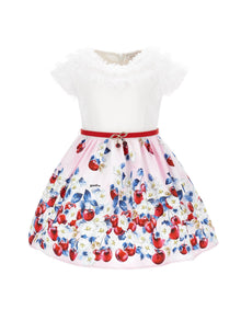Girls | Cotton Dress With Cherry Print Ruffles | White/FairyTale Pink