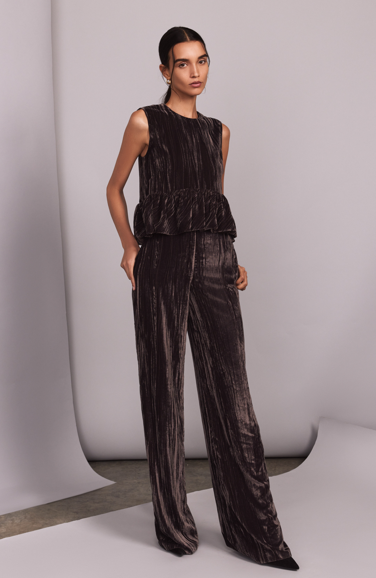 Crinkled Velvet Flounce Hem Top | Mink