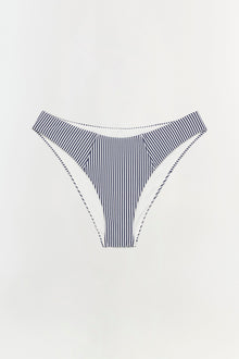 Navy and white vertical striped bikini bottom with ruched sides and curved waistband.