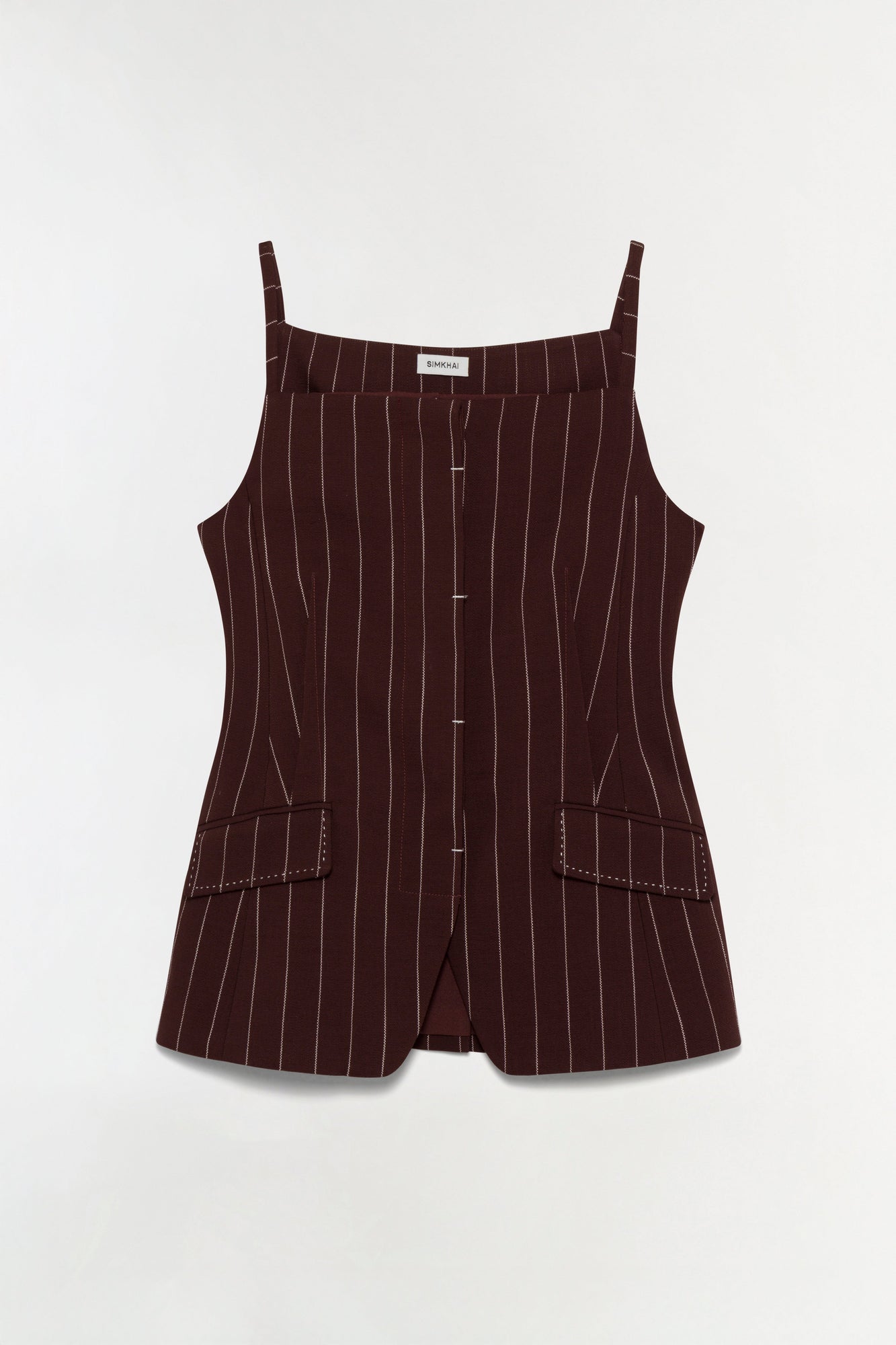 Burgundy pinstriped sleeveless top with square neckline, button front closure, and side pockets.