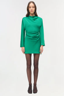 Green satin mini dress with long sleeves, cowl neckline, and ruched side detail.