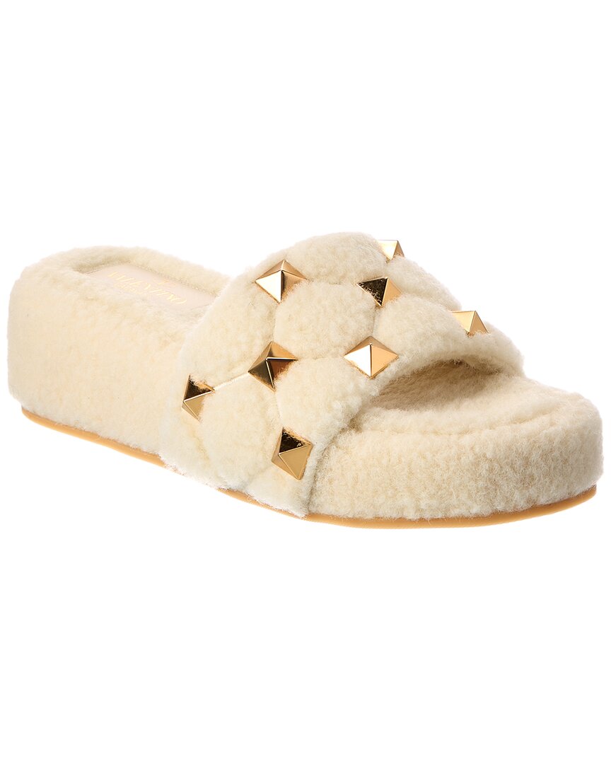 Valentino | Womens | Roman Stud 50 Shearling Platform Slide | White
