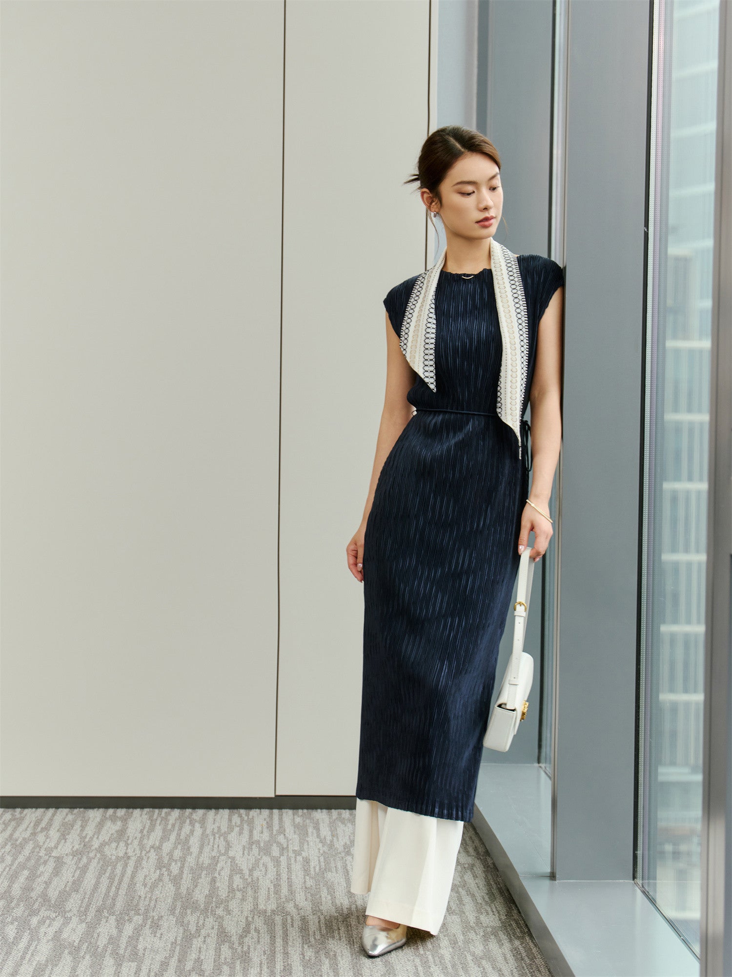 Pleated Slimming Dress | Navy