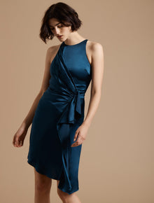 Sleeveless Draped Front Satin Dress - Halston