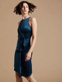 Sleeveless Draped Front Satin Dress - Halston