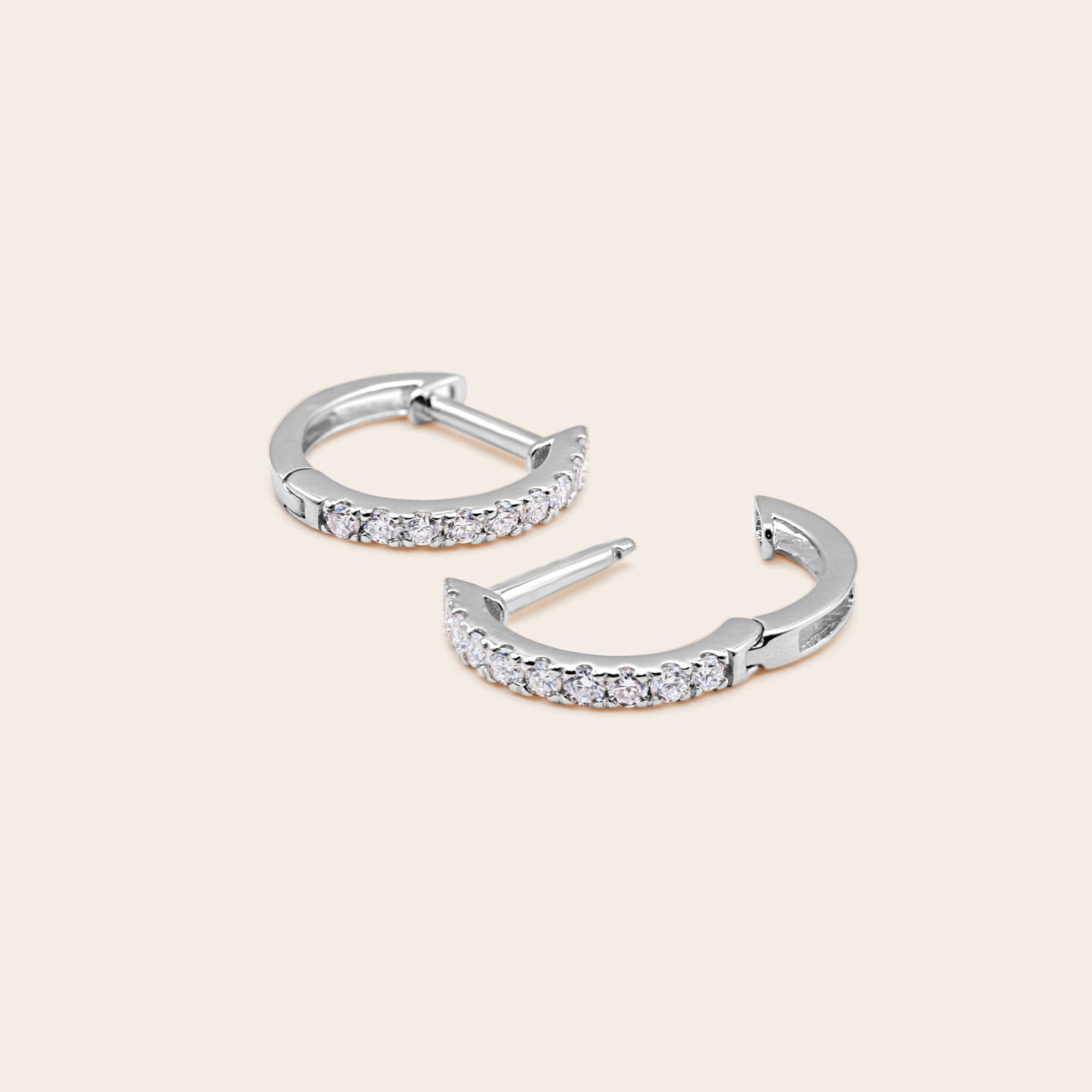 Womens | 14K Solid White Gold | Half Pave Huggie Earrings | 0.20 CTW Diamonds