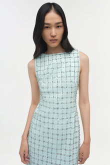 Light blue sleeveless midi dress with scattered crystal embellishments throughout.