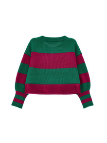 Girls | Maxi Striped Knitted Pullover | Green/Cyclamen