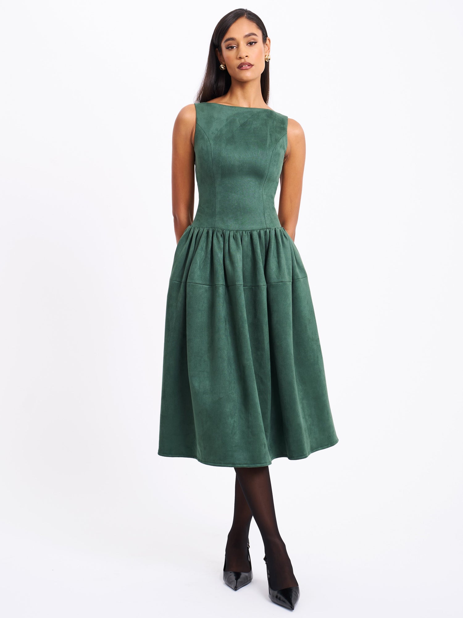 Laila Suede Boat Neck Backless Midi Dress | Green