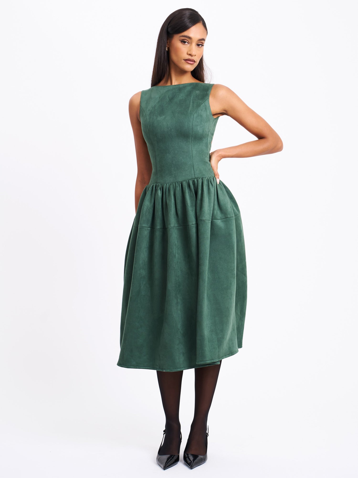Laila Suede Boat Neck Backless Midi Dress | Green