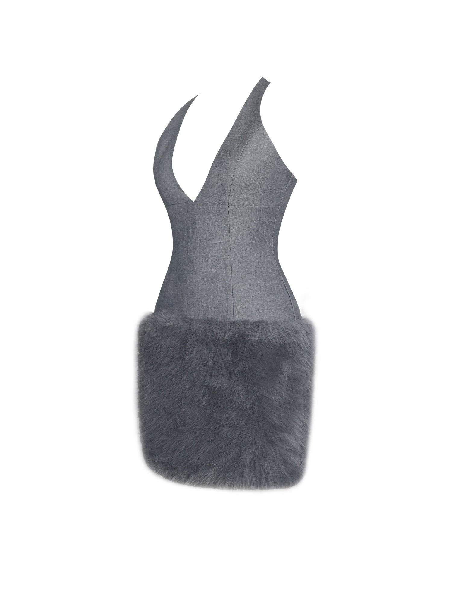 Daisy Drop Waist Fur Trim Halter Mini Dress | Grey